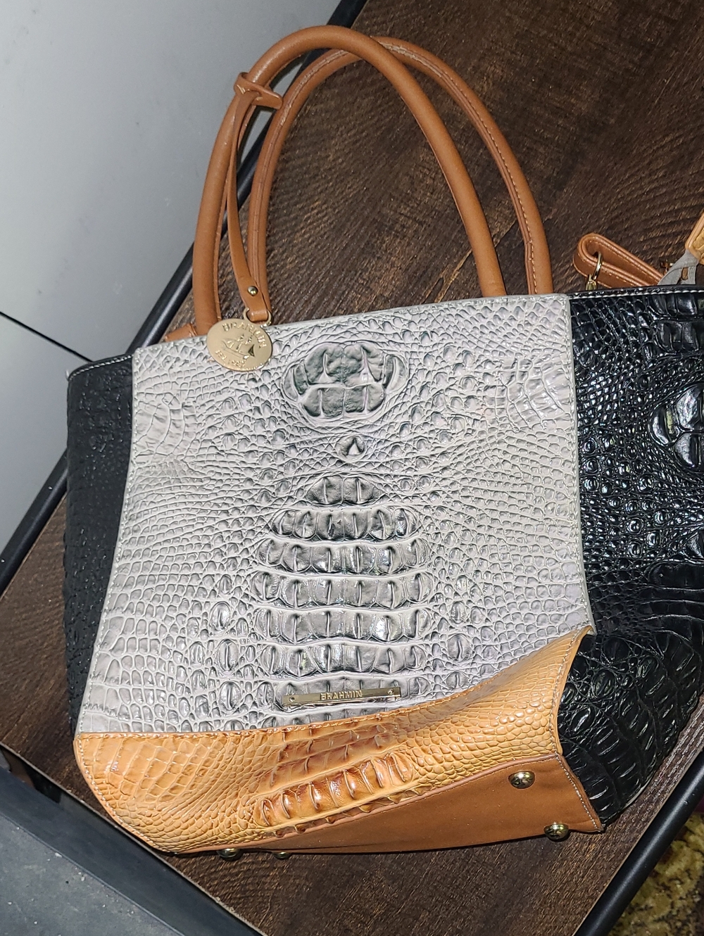 Brahmin Tri-Panel Croc-Embossed Tote in Black, Gray & Tan